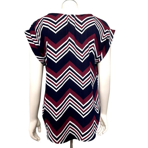 A'Gaci Sheer Chevron Print V Neck Blouse Large All Polyester Cap Sleeves - Picture 2 of 8